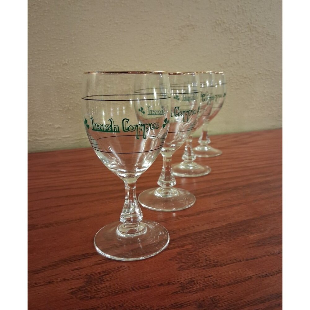 Irish Coffee Layering Glasses Shamrock Ornate Stem Gold Rim Vintage Set of 4.